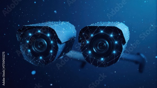 Digital rendering of two surveillance cameras with blue glowing wireframe connectivity in a dark ambiance