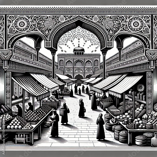 Historical Marketplace Scene: A detailed artistic illustration depicts a lively marketplace. The scene is alive with vendors and shoppers, offering a glimpse into the commerce and culture of the past.