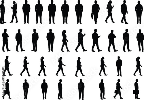 MobileUrban people silhouette, walking pose, standing posture, phone use, briefcase carry, business attire, casual wear, vector shape, motion, commuter life