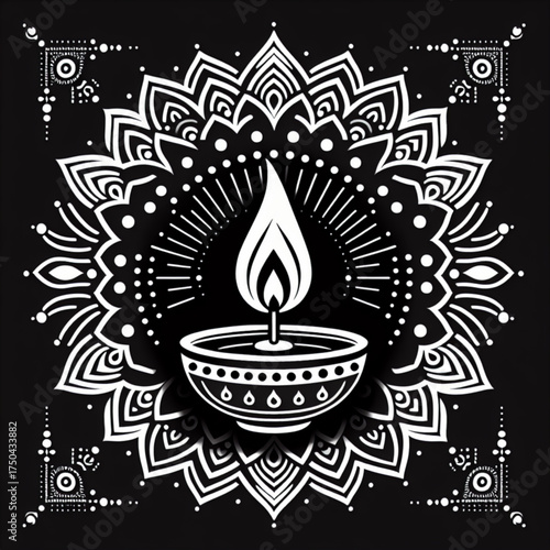 Divine Illumination: A beautifully crafted diya with a gracefully burning flame, positioned centrally within a mesmerizing mandala design, radiating peace and spiritual warmth.