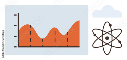 Rising line graph with curved peaks beside atom graphic and cloud. Ideal for science, analytics, education, research, technology, innovation, futuristic studies. Clean and simple flat metaphor