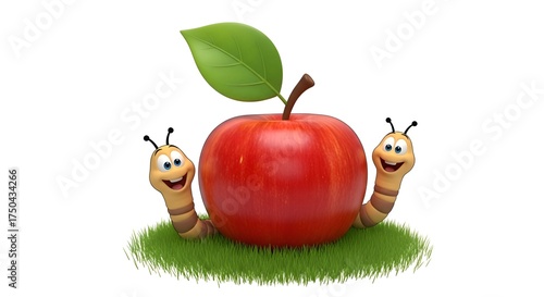 Adorable cartoon worms enjoying a fresh red apple on green grass, perfect for children's education or a fun food concept promotion
