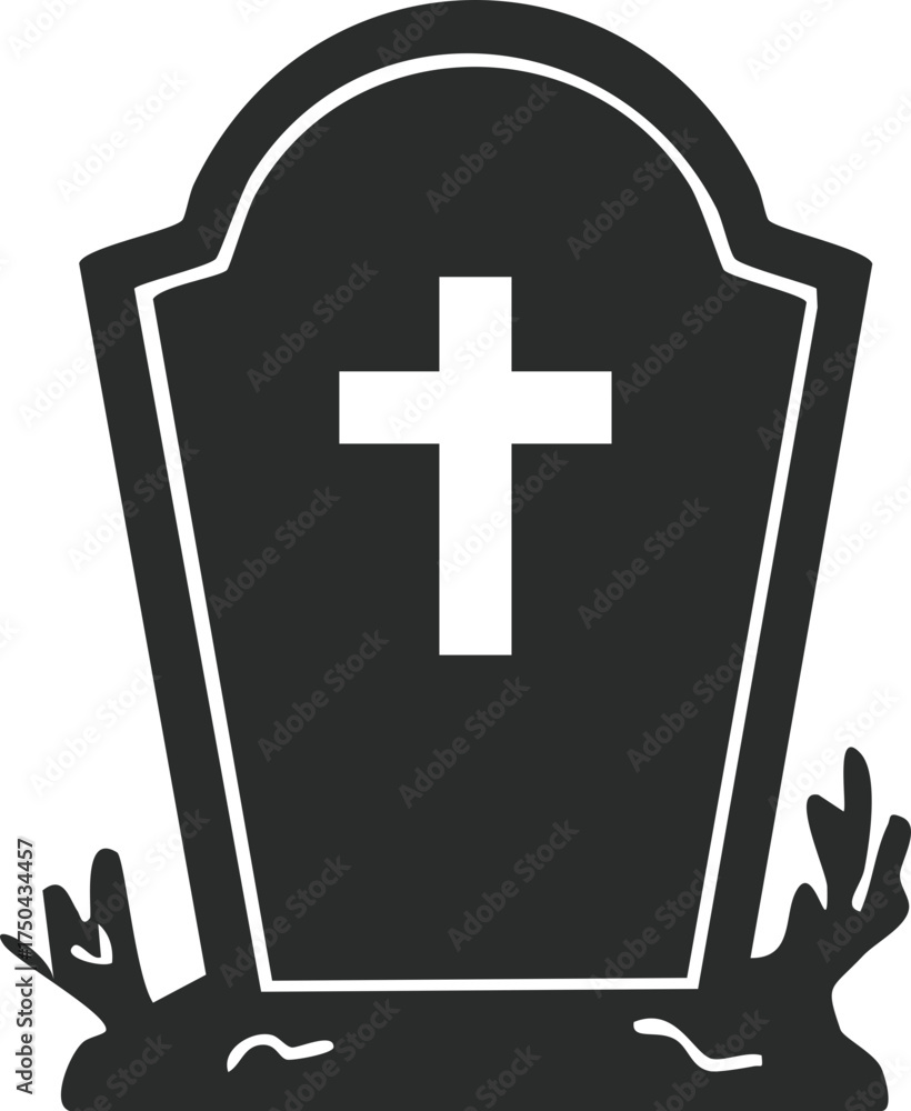 Obraz premium Halloween Tombstone with Cross and Grave Silhouette — Spooky Cemetery Vector Illustration for Halloween Poster, Decoration, and Horror Design Concept