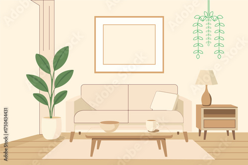 Modern living room interior illustration featuring a sofa, frame, plant, and tea table.