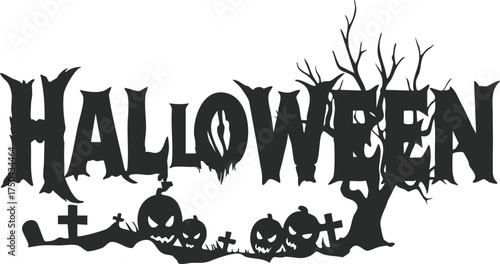 Halloween Typography with Pumpkins, Graveyard, and Dead Tree Silhouette — Spooky Black and White Vector Illustration for Halloween Party Design, Poster, and Decoration Concept