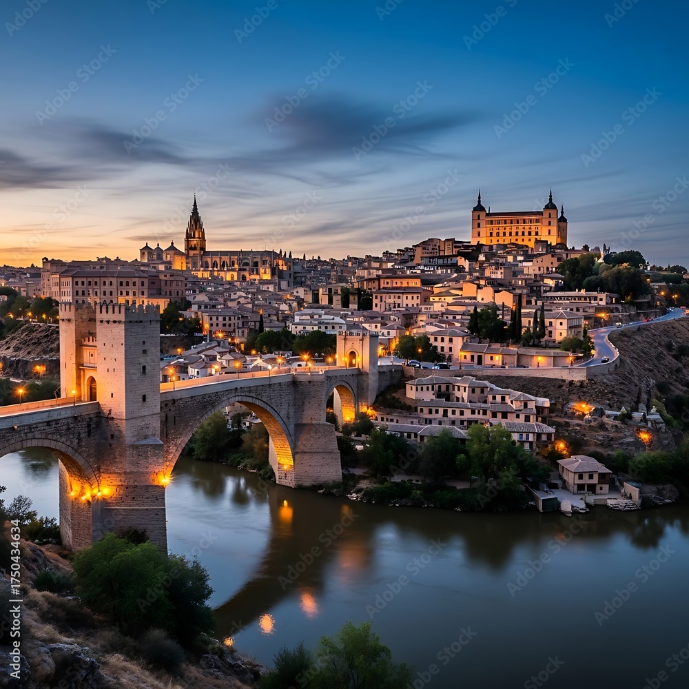 Obraz premium Toledos Majestic Skyline - A Timeless Spanish Cityscape at Dusk.