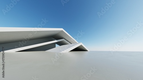 3d illustration of abstract modern architecture background, Minimal geometry architectural design, Car presentation backdrop with empty concrete floor, Geometric white blocks building design