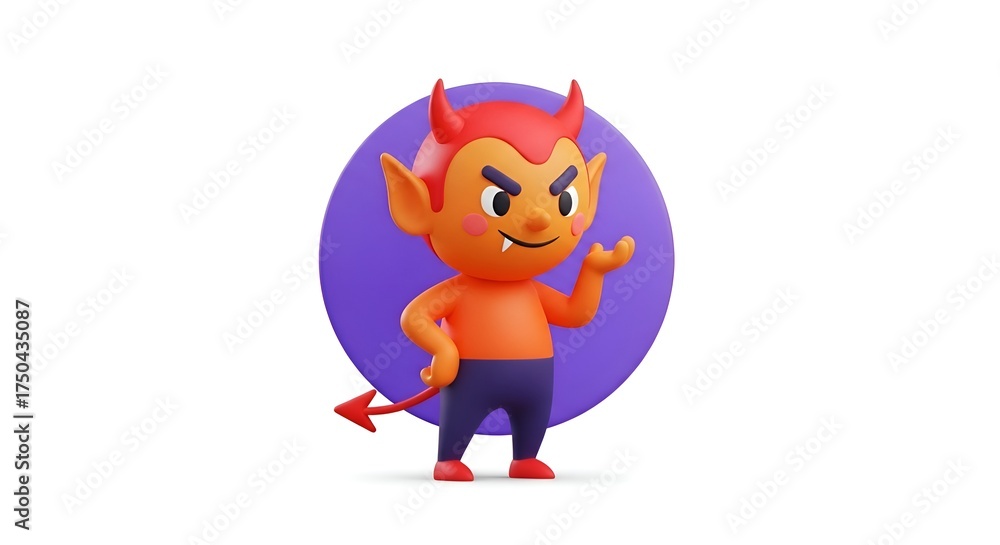 Fototapeta premium Playful 3D devil character with horns and tail, perfect for Halloween promotions or quirky branding with a mischievous vibe and cartoonish charm