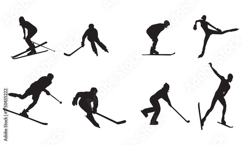 Black-and-white silhouettes of winter athletes participating in skiing, hockey, and ice skating — a dynamic collection representing strength, agility, and winter sports action.