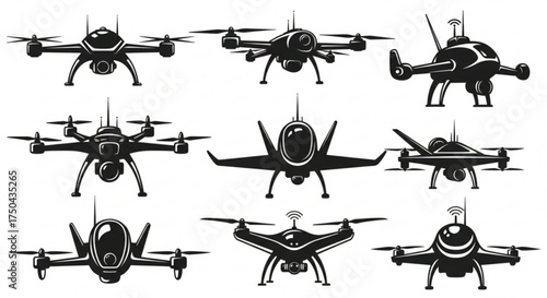 Drone vector set of different designs for aerial photography and surveillance black and white illustration