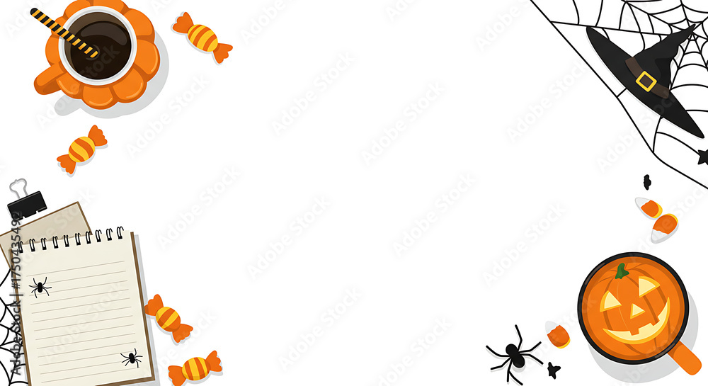 Obraz premium Spooky Halloween Flat Lay Desk Illustration with Pumpkin Coffee, Witch Hat, Spiders, Candies, and Notepad on White Background – Autumn Celebration Theme