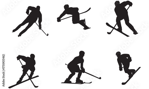 Black-and-white silhouettes of winter athletes participating in skiing, hockey, and ice skating — a dynamic collection representing strength, agility, and winter sports action.