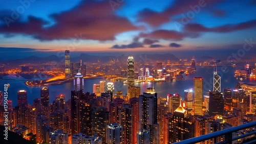 Vibrant Hong Kong skyline and Victoria Harbour illuminated against a dramatic twilight sky.