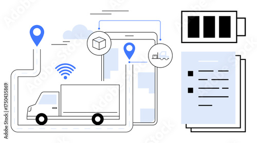 Delivery truck on route with GPS markers, wireless signals, smart device, package details, and stack of documents. Ideal for logistics, transportation, delivery services, tracking technology supply