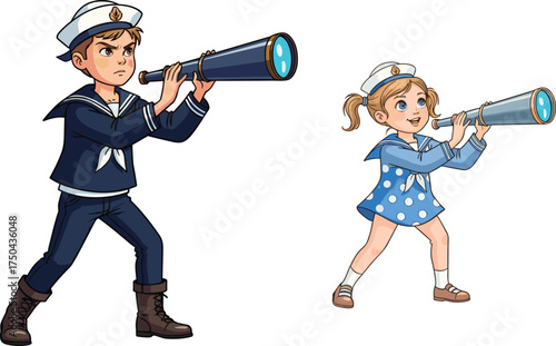 Cartoon children in sailor outfits, nautical adventure, telescope exploration, maritime theme, cute kids, sea voyage, playful illustration, educational concept, teamwork