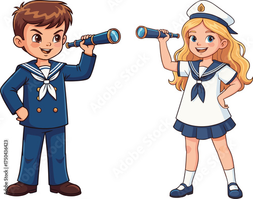 Cartoon children in sailor uniforms, playful exploration, telescope adventure, nautical theme, imaginative play, childhood curiosity, maritime scene, vector illustration