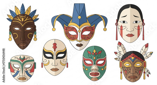Collection of diverse cultural masks vector illustration including tribal carnival and theatrical masks design 100