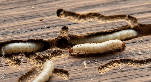 Wood-boring beetle larvae damaging wooden structure, close-up view.