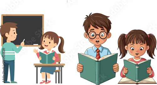 PrintCartoon children learning, classroom scene, reading books, school education, blackboard teaching, student activity, kids study, happy pupils, vector illustration