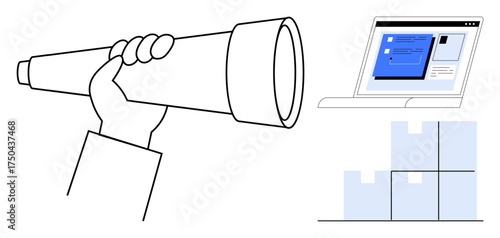 Hand gripping telescope symbolizing vision, stacked boxes for inventory, and laptop displaying data. Ideal for business strategy, logistics, vision, planning, inventory, technology innovation