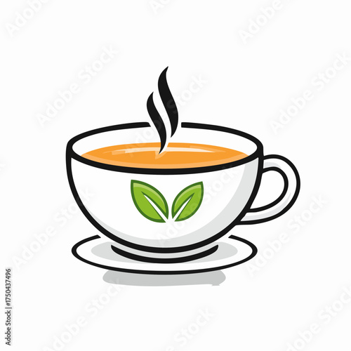 Cup of tea with steam and green leaves design.