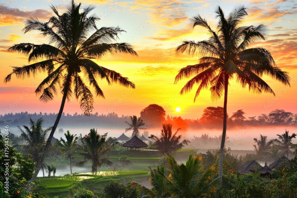 Obraz premium Sunrise over misty rice terraces with palm trees