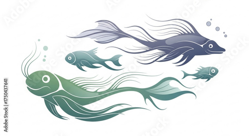 Illustration of stylized fish swimming in formation aquatic life vector design underwater sea ocean theme art work