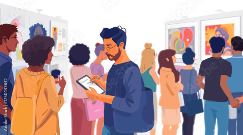 Art Exhibition Vector Illustration with People Enjoying Modern Gallery and Taking Notes on Digital Tablet