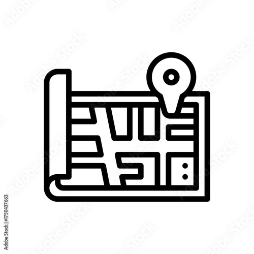 Stylized black and white line art of a rolled map with a location pin marking a spot on the abstract street grid against a transparent background representing navigation and discovery