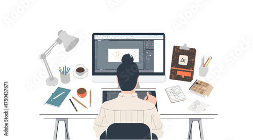 Graphic Designer Workspace Vector Illustration with Artist Working on Computer in Modern Studio