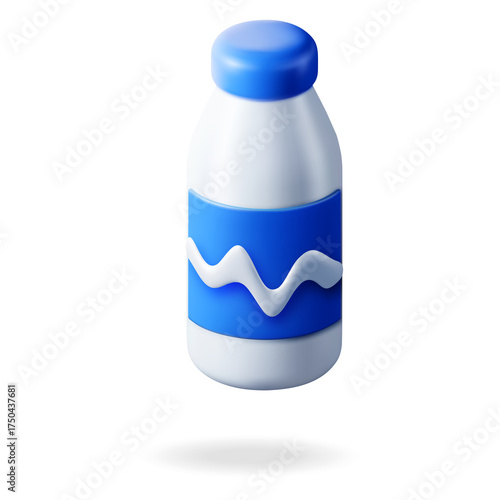 Stylized 3D rendering of a white plastic bottle with a blue cap and a blue label featuring a white wavy design isolated on a transparent background with soft shadow
