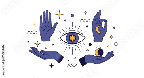 Mystic eye hands stars moon esoteric astrology spiritual magic fortune telling vector illustration art