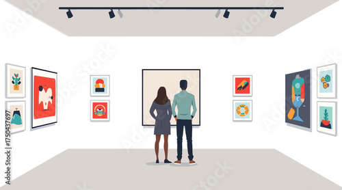 Couple Viewing Modern Art in Gallery – Minimalist Museum Interior Vector Illustration