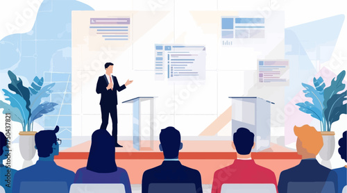 Business Presentation and Public Speaking Vector Illustration in Conference Hall