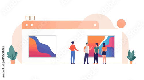 Minimalist Art Gallery Vector Illustration with People Viewing Modern Abstract Paintings
