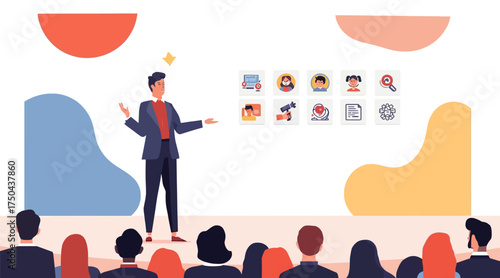 Business Presentation Speaker Explaining Digital Marketing Strategy – Flat Vector Illustration of Public Speaking and Corporate Training