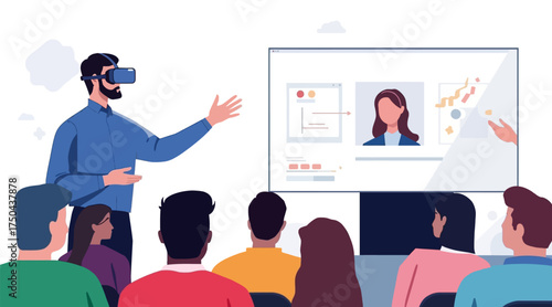 Virtual Reality Presentation Vector Illustration with Presenter Demonstrating Digital Innovation to Audience