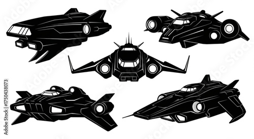 Collection of black and white spaceship designs for sci fi game asset or futuristic concept art project