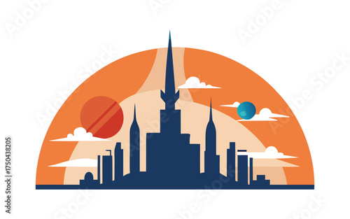 Modern city skyline silhouette against a vibrant sunset with clouds and a crescent moon