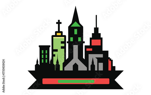 Stylized illustration of a vibrant city skyline with colorful modern skyscrapers and architectural landmarks