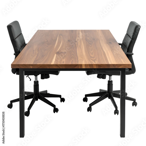 Office scene, brown wooden table with black chairs. Interior, empty, modern design