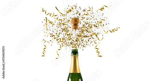 Green glass prosecco bottle with gold foil, natural cork mid-air, metallic gold star confetti and spiraled streamers exploding on a white background, pure celebration concept