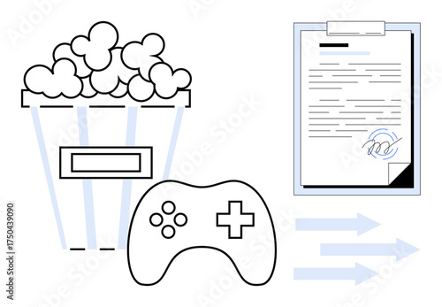 Popcorn bucket, game controller, signed document, and arrows symbolizing entertainment, gaming, agreements, and workflow. Ideal for media, contracts gaming culture leisure productivity business