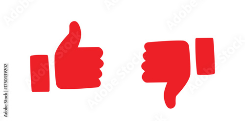 Thumbs Up and Down Icons – Red Like and Dislike Hand Symbols for Approval and Feedback Interface