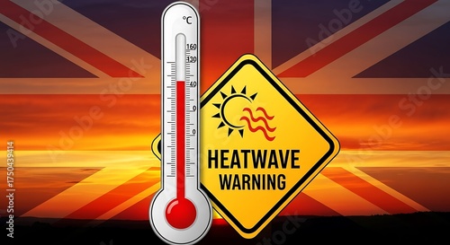Heatwave Warning in the UK - Thermometer and Sign Against Union Jack.