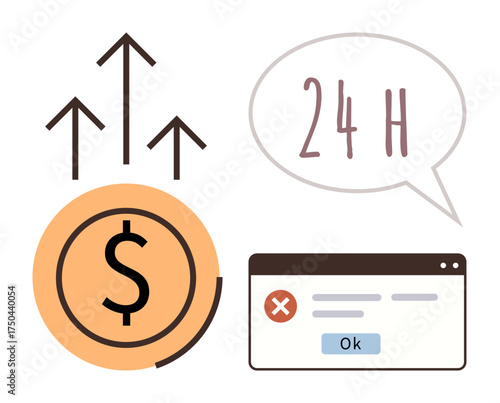 Dollar coin with upward arrows, 24H in speech bubble, and error message in browser window. Ideal for finance, growth, economy, 247 service, error handling business progress. Simple flat metaphor