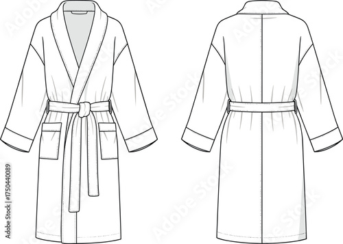 Bathrobe technical sketch, front back view, shawl collar, long sleeve, belt loop, patch pocket, garment design, cad drawing flat vector illustration