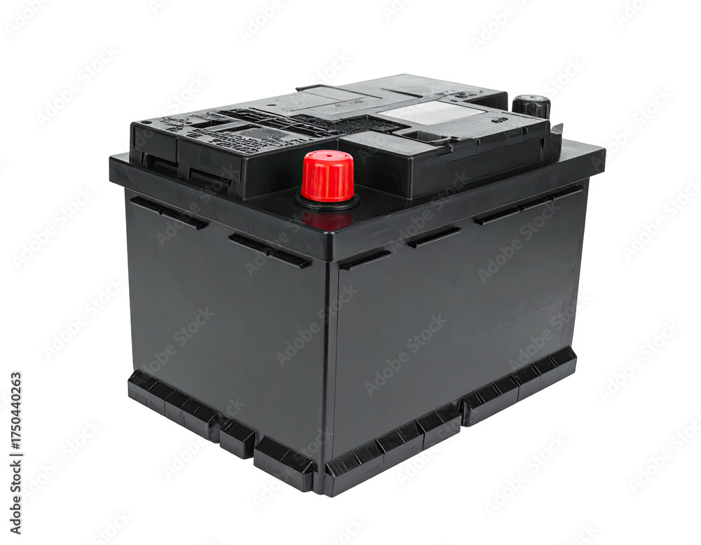 Fototapeta premium A black rectangular automotive power source with a red terminal and top features