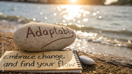 Fototapeta Naklejka Na Ścianę i Meble -  Rock with Adaptably Written on it on a Beach by the Water