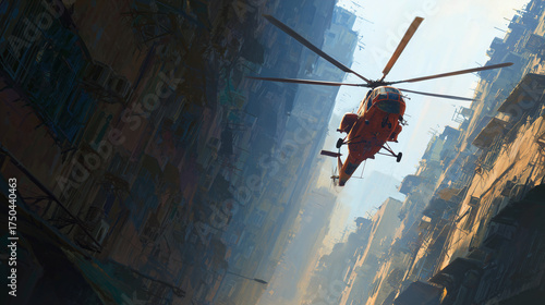 
Helicopter flying through urban canyon 
